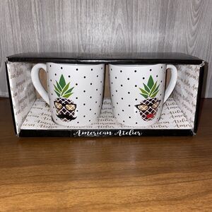 American Atelier Stoneware Coffee Mugs Mr And Mrs Pineapple Polka Dot Mugs NEW